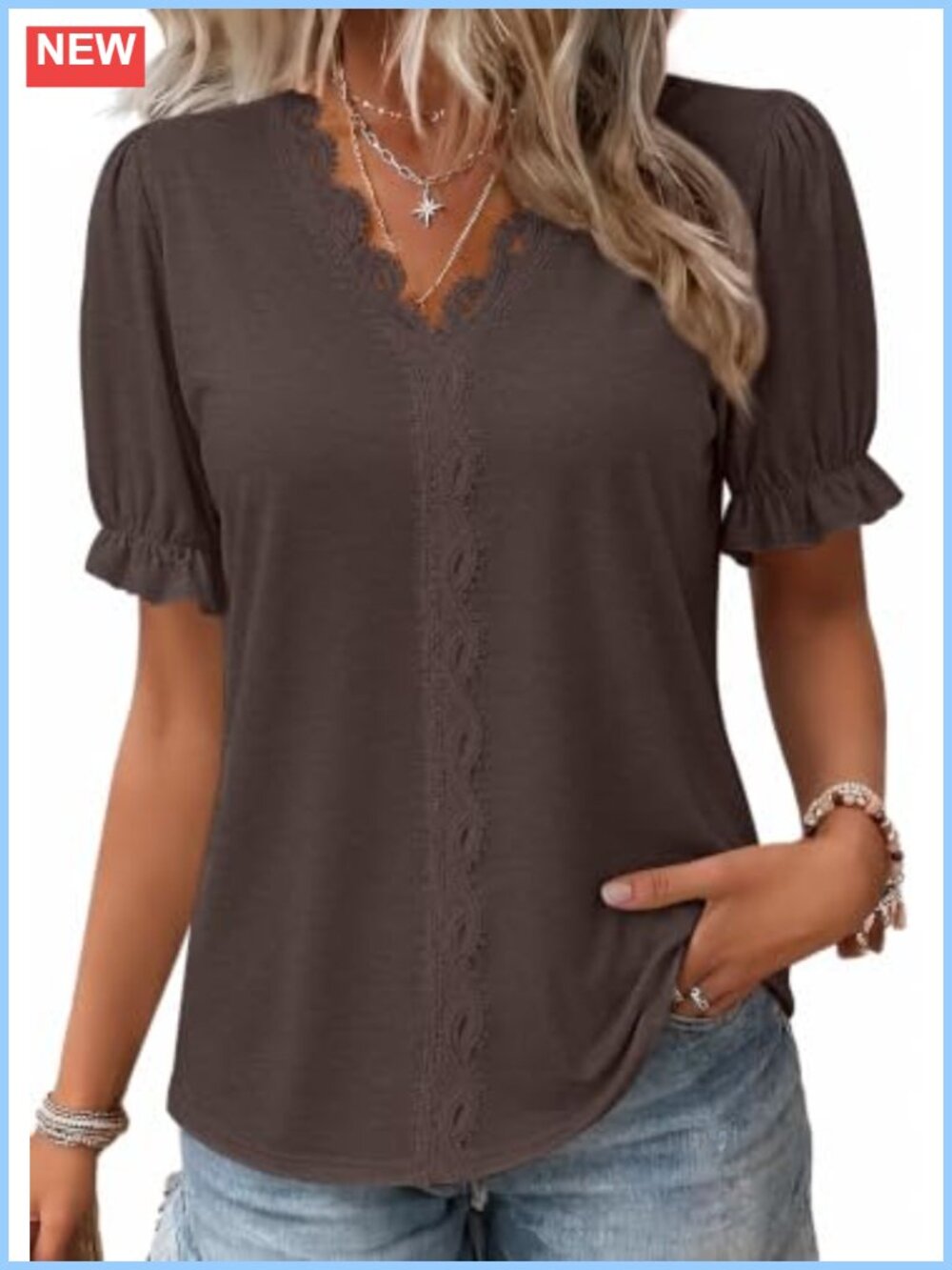 Womens Ruffle Puff Sleeve Blouse V-Neck Lace Embroidered Dressy Casual Top